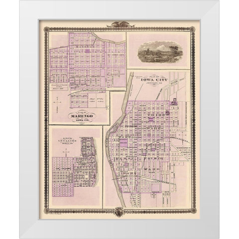 Iowa City, Marengo, Le Claire Iowa - Shober 1875 White Modern Wood Framed Art Print by Shober