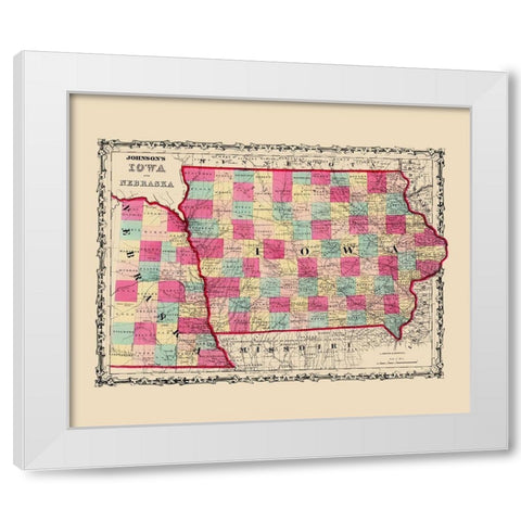 Nebraska, Iowa - Johnson 1860 White Modern Wood Framed Art Print by Johnson