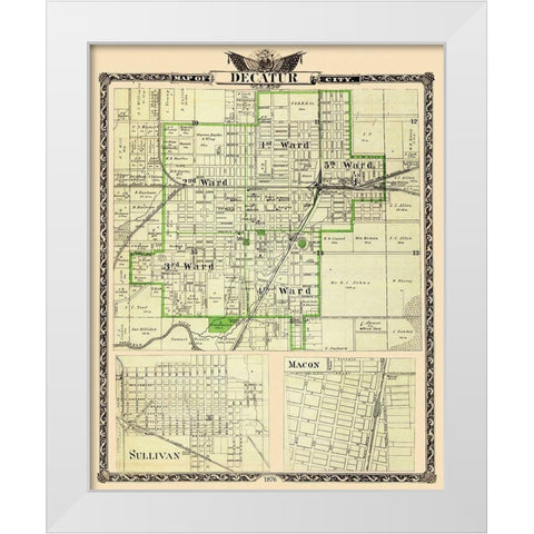 Decatur, Sullivan Illinois Landowner - Warner 1876 White Modern Wood Framed Art Print by Warner