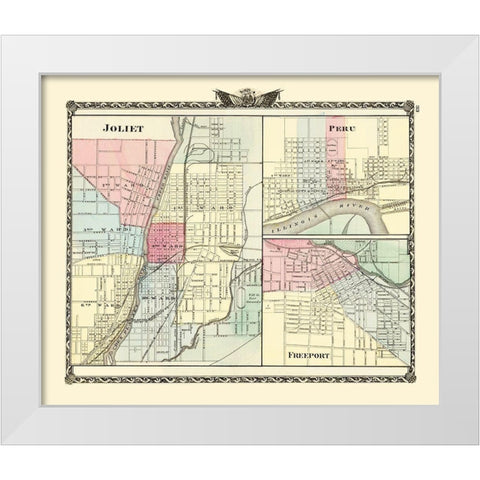 Joliet, Peru, Freeport Illinois - Warner 1870 White Modern Wood Framed Art Print by Warner