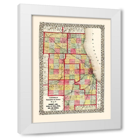 Mchenry  Kane  Cook  Will Illinois - Campbell 1850 White Modern Wood Framed Art Print by Campbell