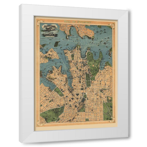 Sydney Australia Aeroplane View - Robinson 1922 White Modern Wood Framed Art Print by Robinson