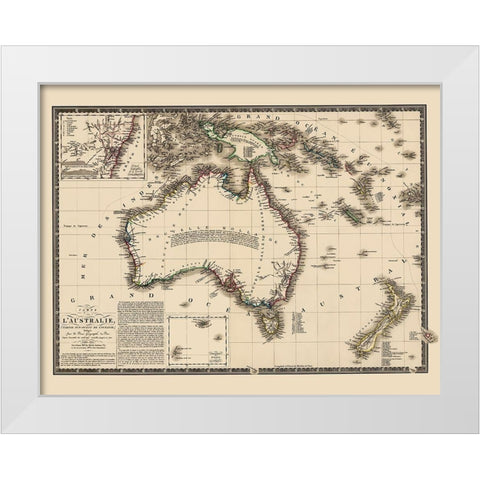 Oceania Australia New Zealand New Guinea White Modern Wood Framed Art Print by Brue