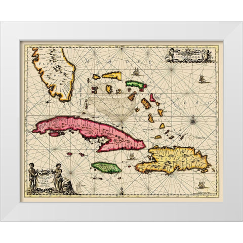 Sea Chart Bahamas Cuba Jamaica - Jansson 1650 White Modern Wood Framed Art Print by Jansson