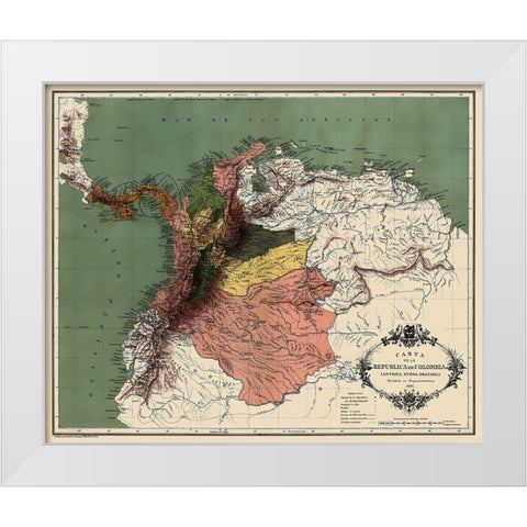 South America Republic of Colombia - Lahure 1886 White Modern Wood Framed Art Print by Lahure