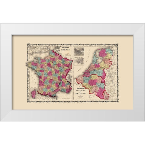 Europe France Holland Belgium - Johnson 1860 White Modern Wood Framed Art Print by Johnson