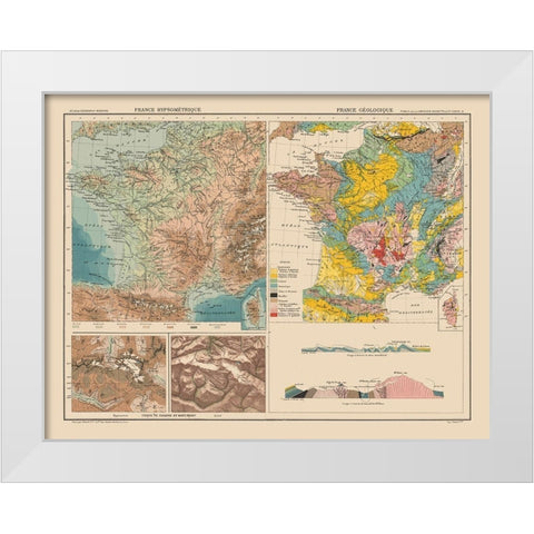 Hypsometric Geological France - Schrader 1908 White Modern Wood Framed Art Print by Schrader