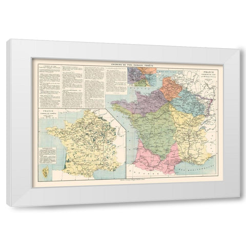 Railroads Canals Forests France - Drioux 1882 White Modern Wood Framed Art Print by Drioux