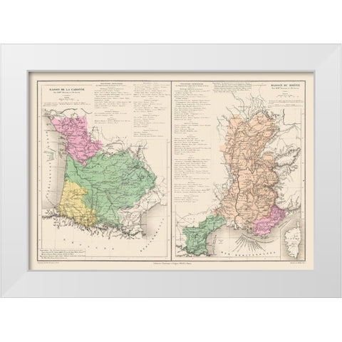 Garonne Rhone Rivers France - Drioux 1882 White Modern Wood Framed Art Print by Drioux