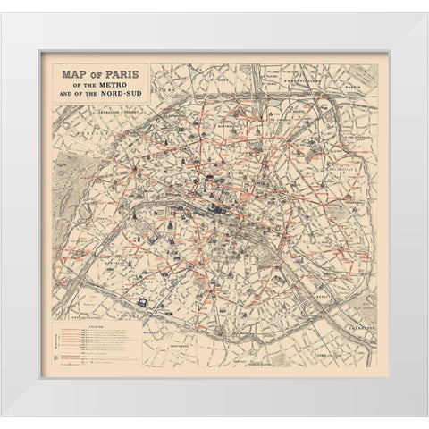 Metro Nord Sud Paris France - 1923 White Modern Wood Framed Art Print by Unknown