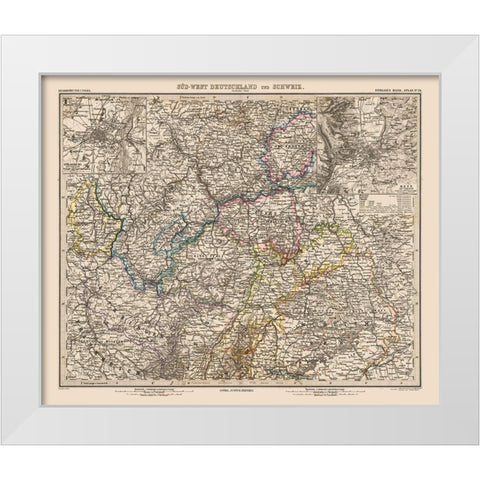 Southwest Germany Switzerland - Stieler 1885 White Modern Wood Framed Art Print by Stieler