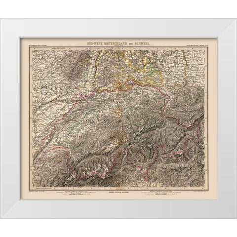 Southwest Germany Switzerland - Stieler 1885 White Modern Wood Framed Art Print by Stieler