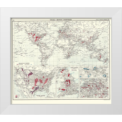 Global Coal Mining Countries - Bartholomew 1907 White Modern Wood Framed Art Print by Bartholomew