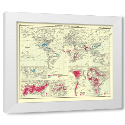 Global Cotton Growing Contries - Bartholomew 1907 White Modern Wood Framed Art Print by Bartholomew