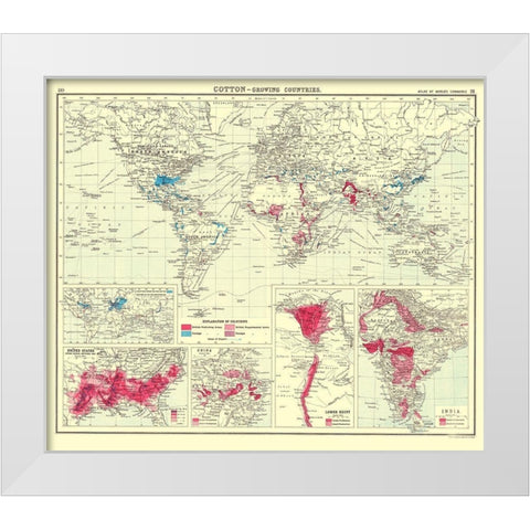 Global Cotton Growing Contries - Bartholomew 1907 White Modern Wood Framed Art Print by Bartholomew