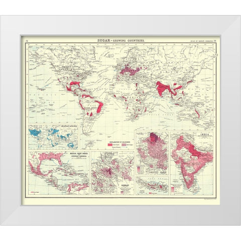 Global Sugar Growing Countries - Bartholomew 1907 White Modern Wood Framed Art Print by Bartholomew