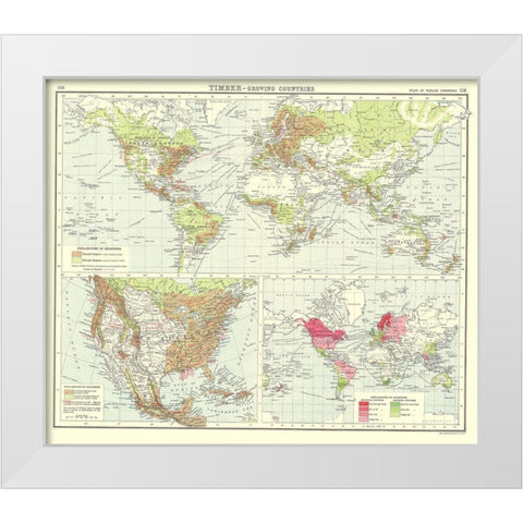 Global Timber Growing Countries - Bartholomew 1907 White Modern Wood Framed Art Print by Bartholomew