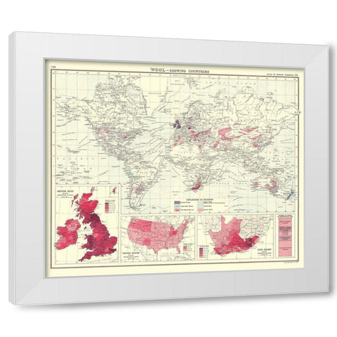 Global Wool Growing Countries - Bartholomew 1907 White Modern Wood Framed Art Print by Bartholomew