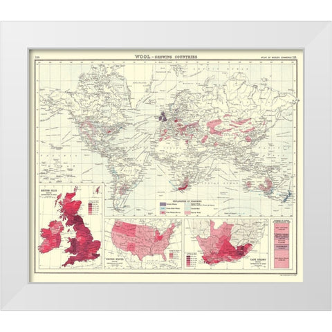 Global Wool Growing Countries - Bartholomew 1907 White Modern Wood Framed Art Print by Bartholomew