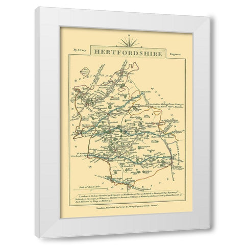 Hertfordshire County England - Cary 1792 White Modern Wood Framed Art Print by Cary