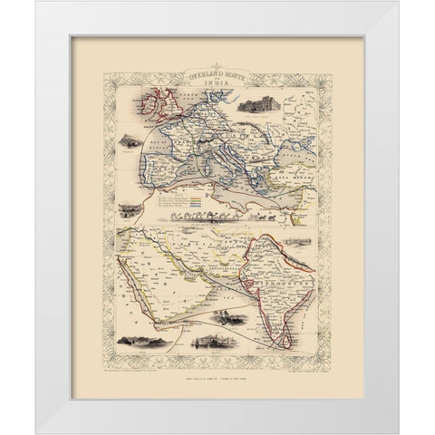 Overland Route To India - Tallis 1851 White Modern Wood Framed Art Print by Tallis