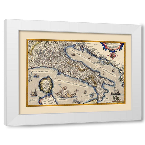 Italy - Ortelius 1570 White Modern Wood Framed Art Print by Ortelius