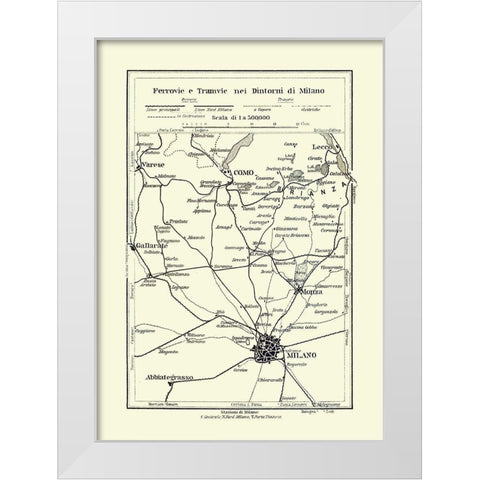 Routes to Milano Italy - Bertarelli 1914 White Modern Wood Framed Art Print by Bertarelli