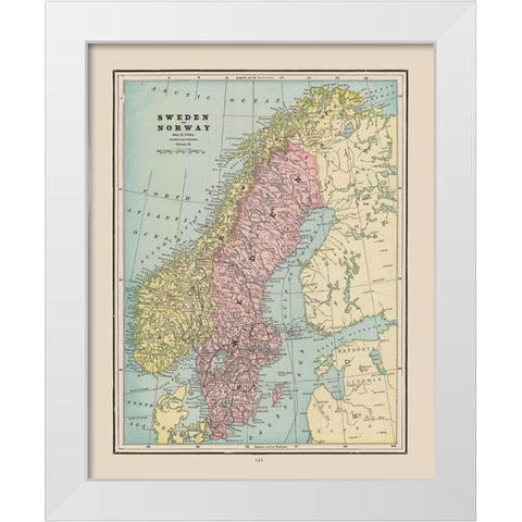 Europe Sweden Norway - Cram 1892 White Modern Wood Framed Art Print by Cram
