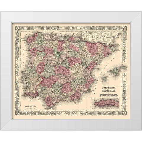 Spain Portugal - Johnson 1854 White Modern Wood Framed Art Print by Johnson