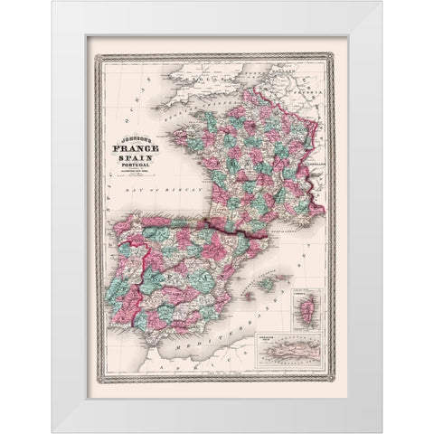 Europe Spain France Portugal - Johnson 1865 White Modern Wood Framed Art Print by Johnson