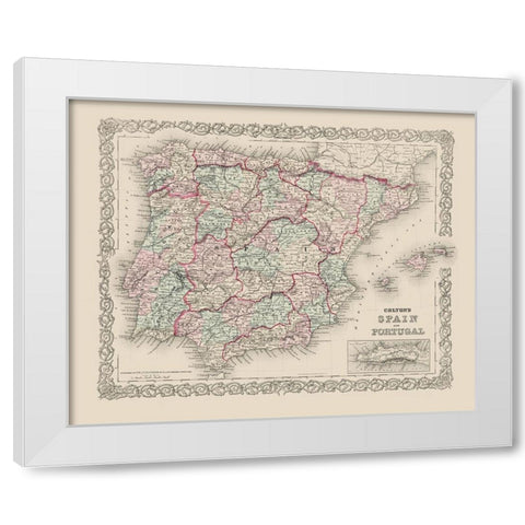 Spain Portugal - Colton 1886 White Modern Wood Framed Art Print by Colton