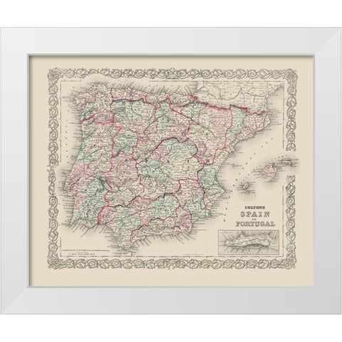 Spain Portugal - Colton 1886 White Modern Wood Framed Art Print by Colton