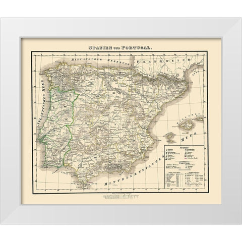 Spain Portugal - Flemming 1855 White Modern Wood Framed Art Print by Flemming