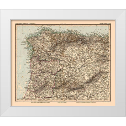 North West Spain Portugal - Stieler 1885 White Modern Wood Framed Art Print by Stieler