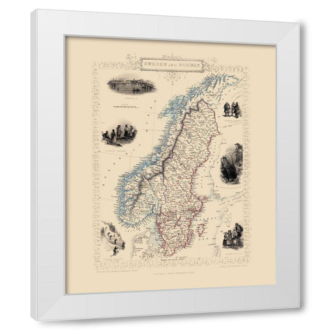 Sweden Norway - Tallis 1851 White Modern Wood Framed Art Print by Tallis