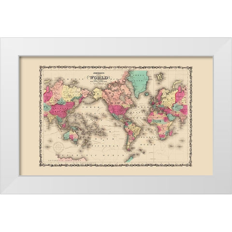 Mercator Projection - Johnson 1860 White Modern Wood Framed Art Print by Johnson