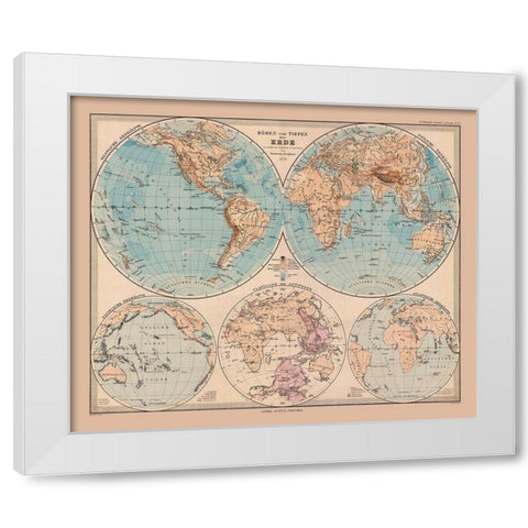 Hemispheres of Earth - Stieler 1885 White Modern Wood Framed Art Print by Stieler