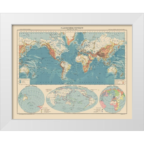 Physical Planisphere Terrain Floor - Schrader 1908 White Modern Wood Framed Art Print by Schrader