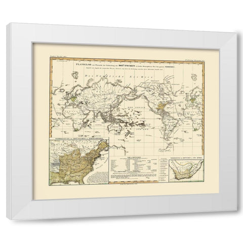 Distribution of Germans World - Perthes 1846 White Modern Wood Framed Art Print by Perthes
