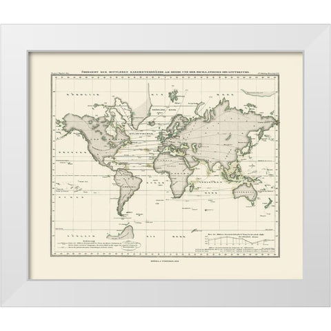 World Seas Air Pressure - Perthes 1839 White Modern Wood Framed Art Print by Perthes