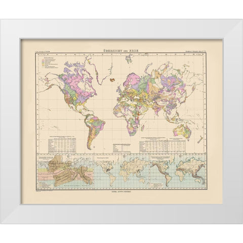 Overview of World - Perthes 1892 White Modern Wood Framed Art Print by Perthes