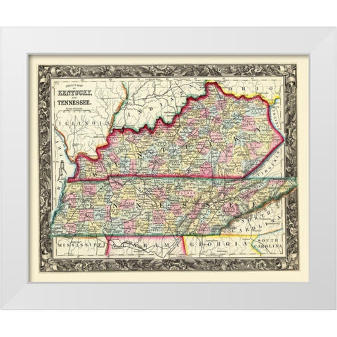 Kentucky, Tennessee Counties - Mitchell 1860 White Modern Wood Framed Art Print by Mitchell