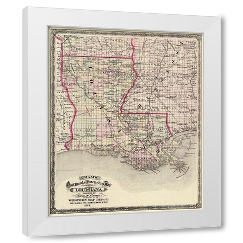 Louisiana Railroad and Townships - Cram 1875 White Modern Wood Framed Art Print by Cram