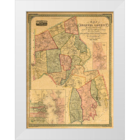 Bristol County Massachusetts - Walling 1852 White Modern Wood Framed Art Print by Walling