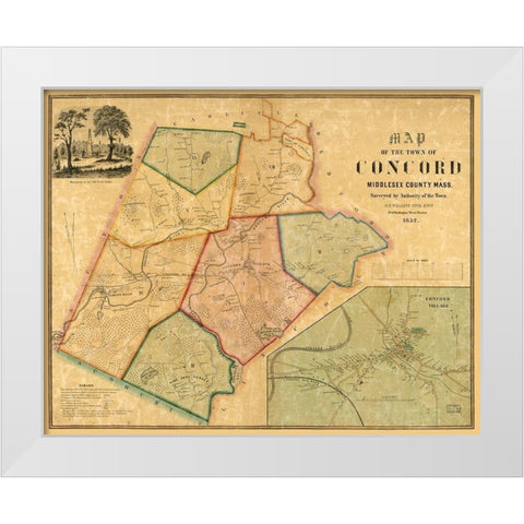 Concord Massachusetts - Walling 1852  White Modern Wood Framed Art Print by Walling