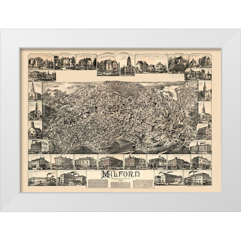 Milford Massachusetts - Bailey 1888  White Modern Wood Framed Art Print by Bailey