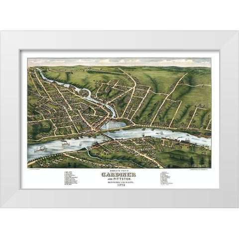 Gardiner Maine - Stoner 1878  White Modern Wood Framed Art Print by Stoner