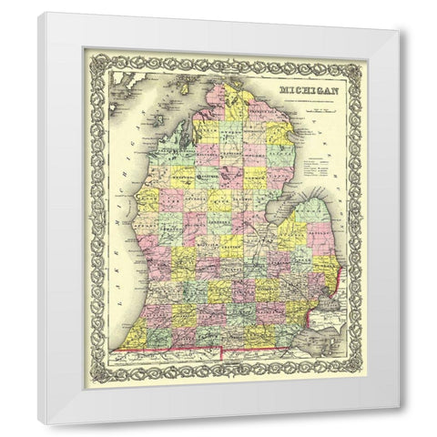 Michigan Lower Peninsula - Colton 1855 White Modern Wood Framed Art Print by Colton
