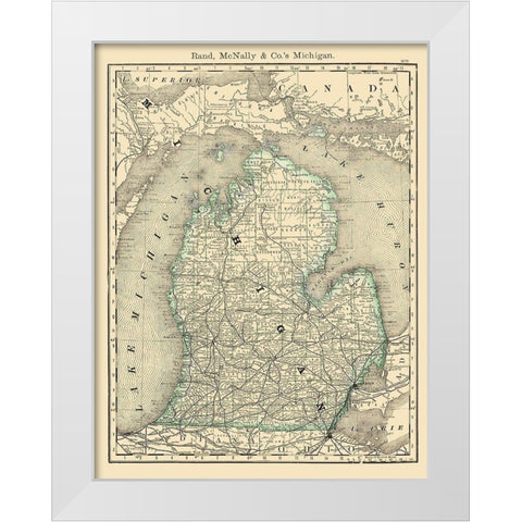 Michigan - Rand McNally 1879 White Modern Wood Framed Art Print by Rand McNally