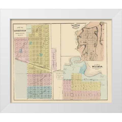 Litchfield, Brainerd, Willmar Minnesota 1874 White Modern Wood Framed Art Print by Andreas